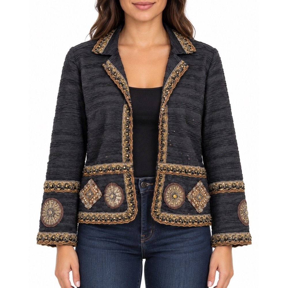 Alberto Makali Womens Black Gold Beaded Embellished Open Front Jacket L